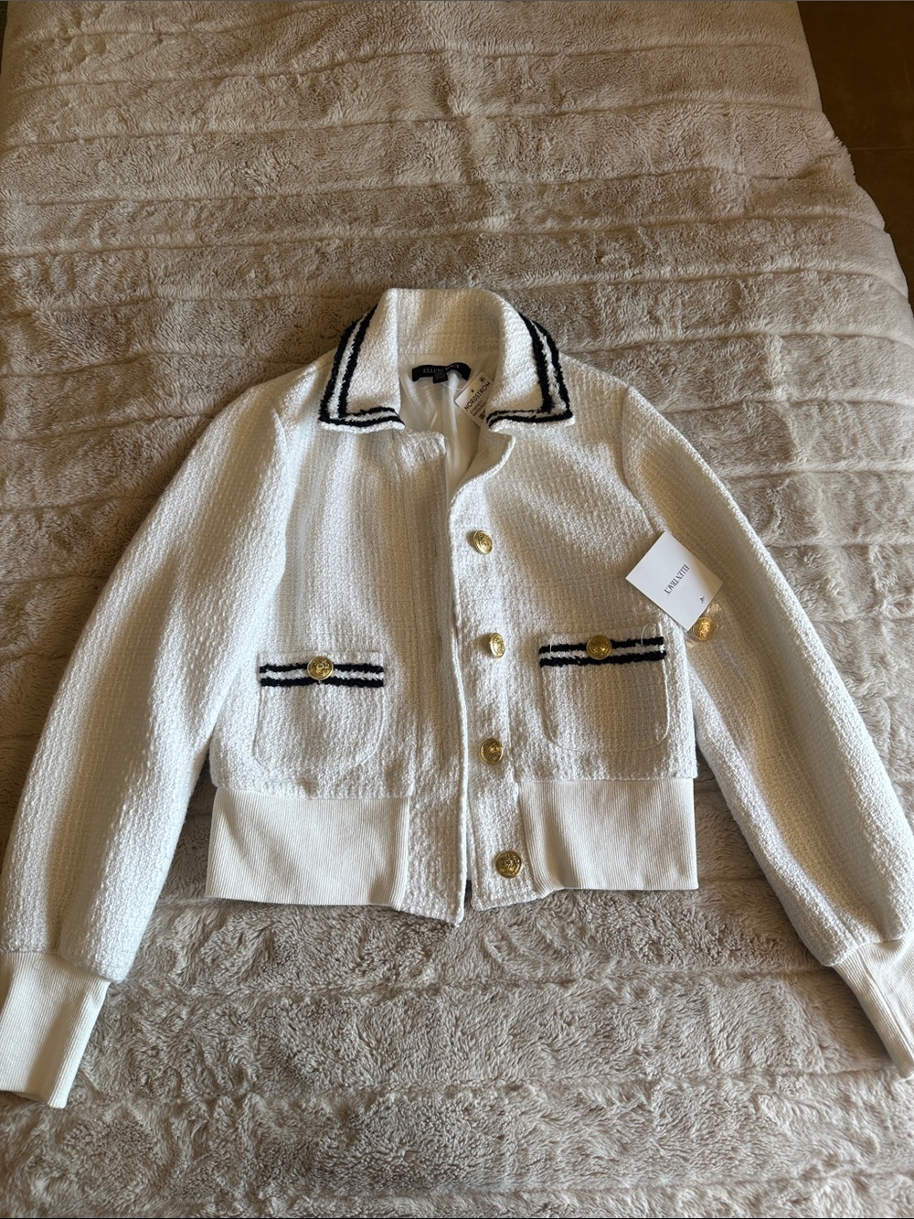 Ellen Tracy White Tweed Jacket with Black Trim